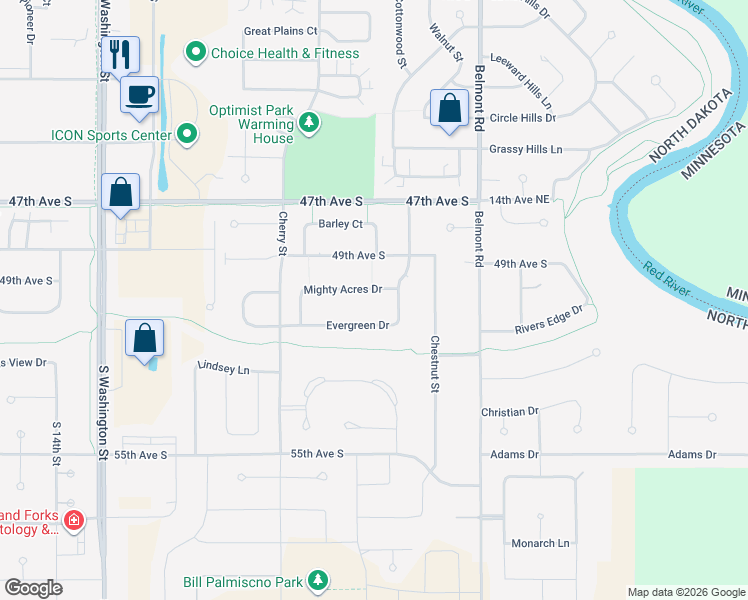 map of restaurants, bars, coffee shops, grocery stores, and more near 592 Mighty Acres Drive in Grand Forks