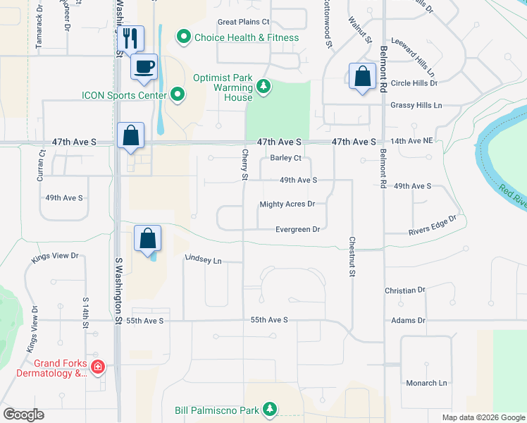 map of restaurants, bars, coffee shops, grocery stores, and more near 706 Mighty Acres Drive in Grand Forks