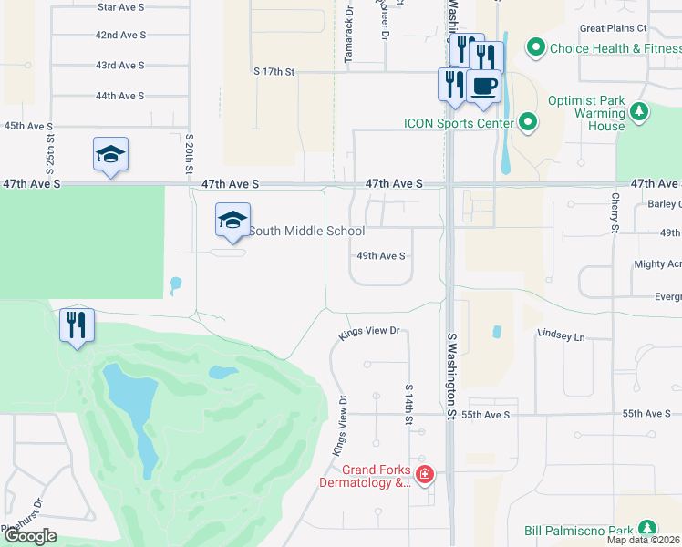map of restaurants, bars, coffee shops, grocery stores, and more near 4917 Curran Court in Grand Forks