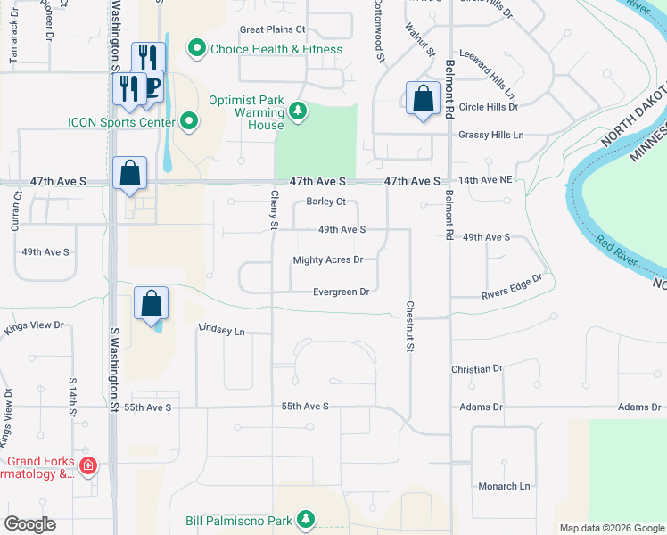 map of restaurants, bars, coffee shops, grocery stores, and more near 644 Mighty Acres Drive in Grand Forks