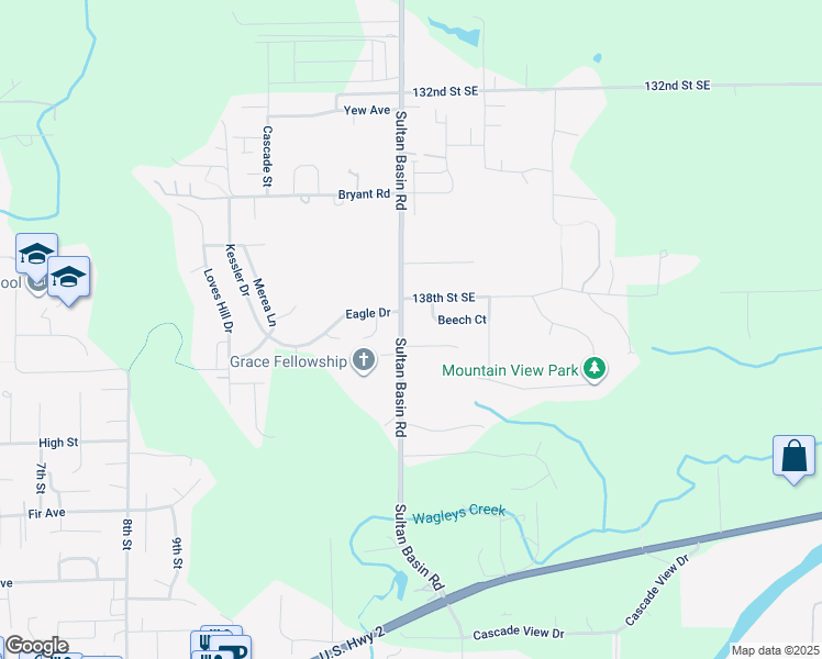 map of restaurants, bars, coffee shops, grocery stores, and more near 13858 Beech Court in Sultan