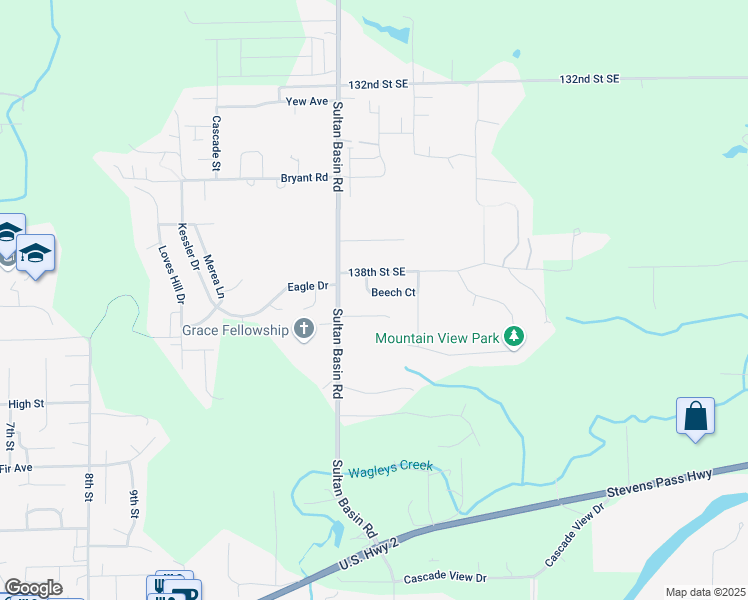 map of restaurants, bars, coffee shops, grocery stores, and more near 13893 Beech Court in Sultan
