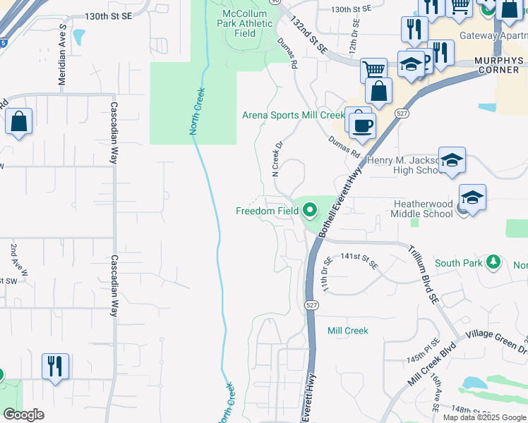 map of restaurants, bars, coffee shops, grocery stores, and more near 13824 North Creek Drive in Mill Creek