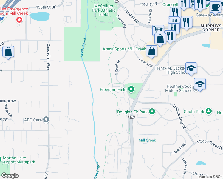 map of restaurants, bars, coffee shops, grocery stores, and more near 13824 North Creek Drive in Mill Creek