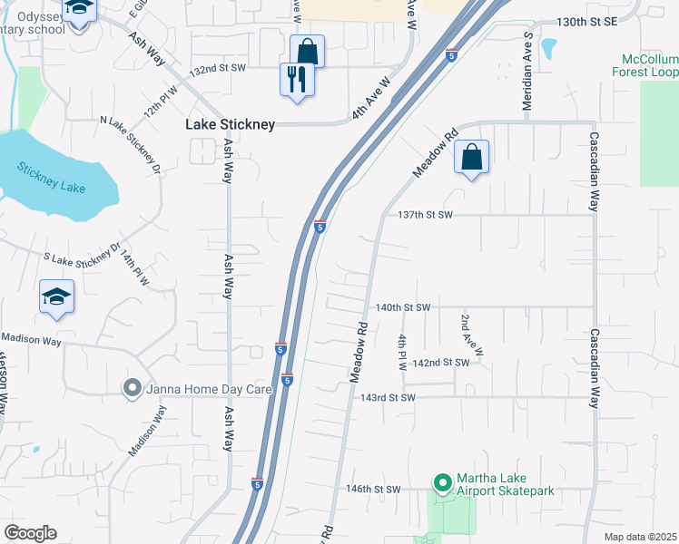 map of restaurants, bars, coffee shops, grocery stores, and more near 13828 Meadow Road in Everett
