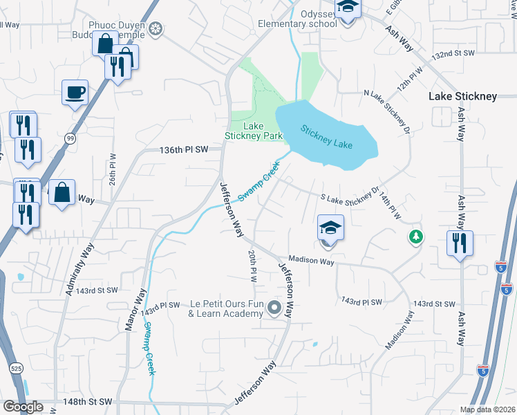 map of restaurants, bars, coffee shops, grocery stores, and more near 2026 139th Street Southwest in Lynnwood