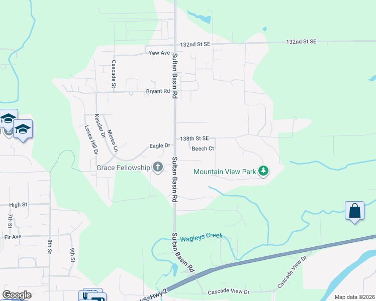 map of restaurants, bars, coffee shops, grocery stores, and more near 13874 Beech Court in Sultan