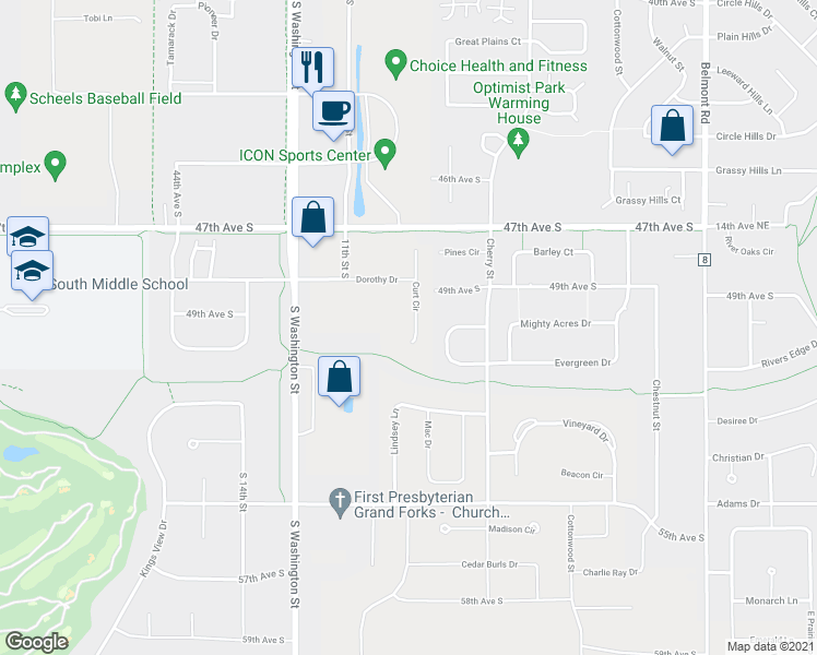 map of restaurants, bars, coffee shops, grocery stores, and more near 4914 Curt Circle in Grand Forks