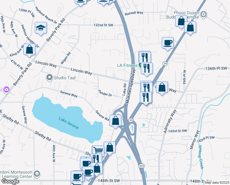 map of restaurants, bars, coffee shops, grocery stores, and more near 3311 Fender Drive in Lynnwood