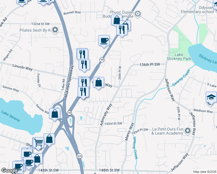 map of restaurants, bars, coffee shops, grocery stores, and more near 2720 Lincoln Way in Lynnwood