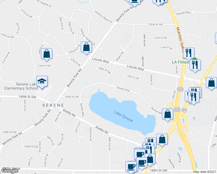 map of restaurants, bars, coffee shops, grocery stores, and more near 4002 Serene Way in Lynnwood