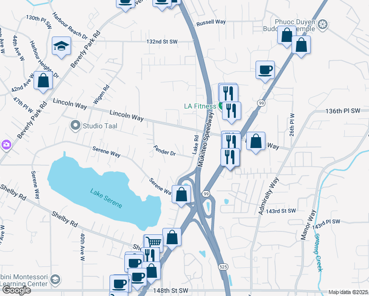 map of restaurants, bars, coffee shops, grocery stores, and more near 3311 Fender Drive in Lynnwood