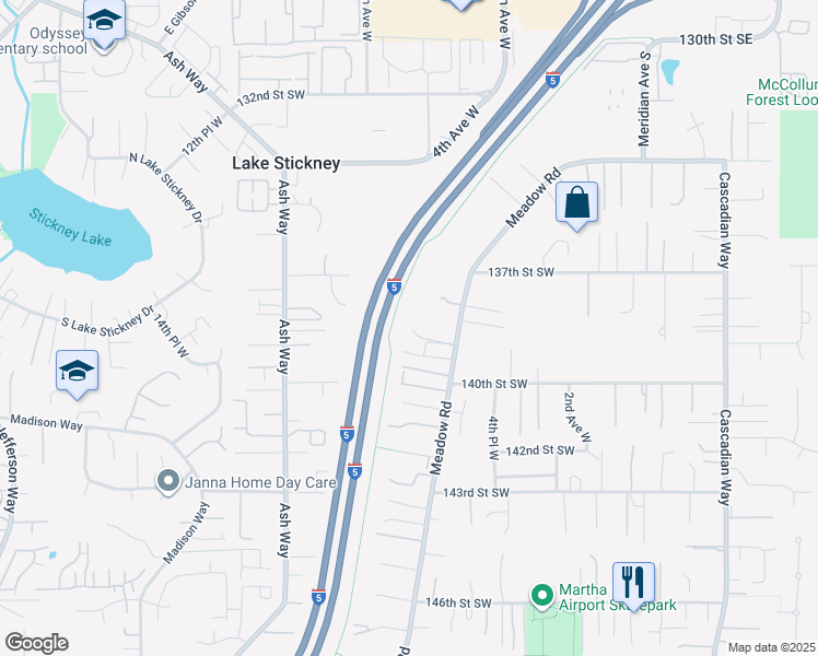 map of restaurants, bars, coffee shops, grocery stores, and more near 13828 Meadow Road in Everett