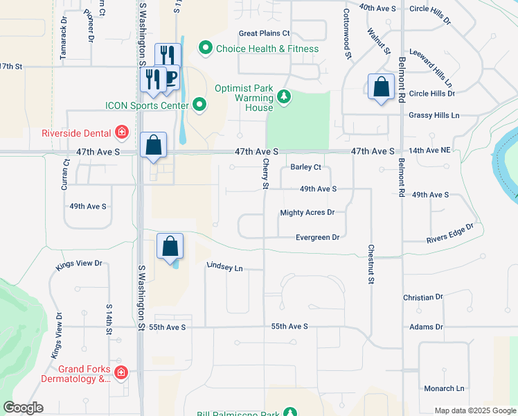 map of restaurants, bars, coffee shops, grocery stores, and more near 4902 South Pines Court in Grand Forks