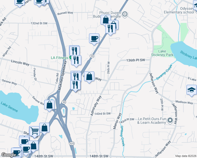 map of restaurants, bars, coffee shops, grocery stores, and more near 2720 Lincoln Way in Lynnwood