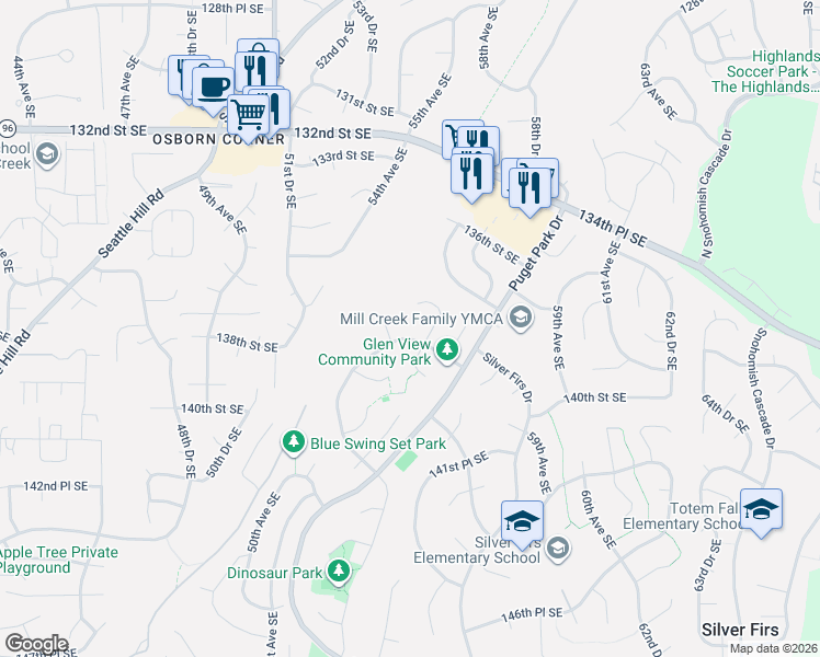 map of restaurants, bars, coffee shops, grocery stores, and more near 5513 138th Place Southeast in Everett