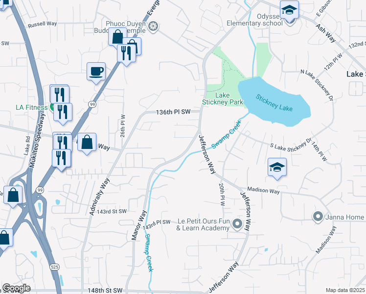 map of restaurants, bars, coffee shops, grocery stores, and more near 13822 Manor Way in Lynnwood