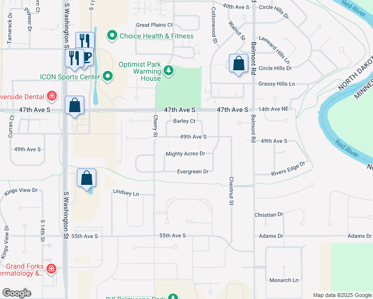 map of restaurants, bars, coffee shops, grocery stores, and more near 644 Mighty Acres Drive in Grand Forks