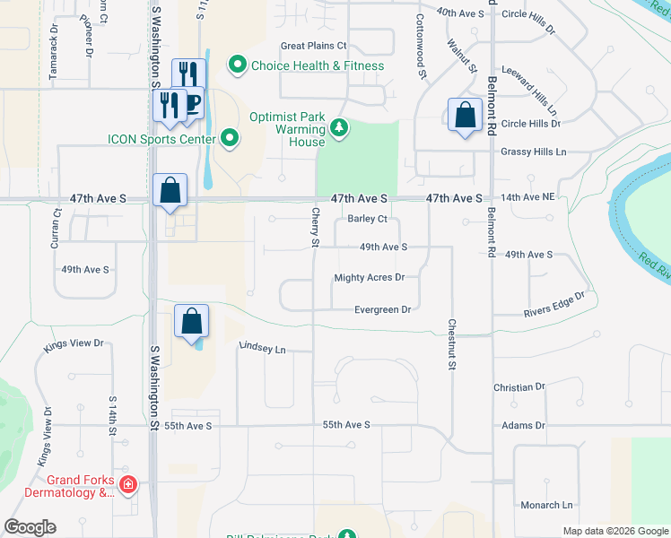 map of restaurants, bars, coffee shops, grocery stores, and more near 706 Mighty Acres Drive in Grand Forks