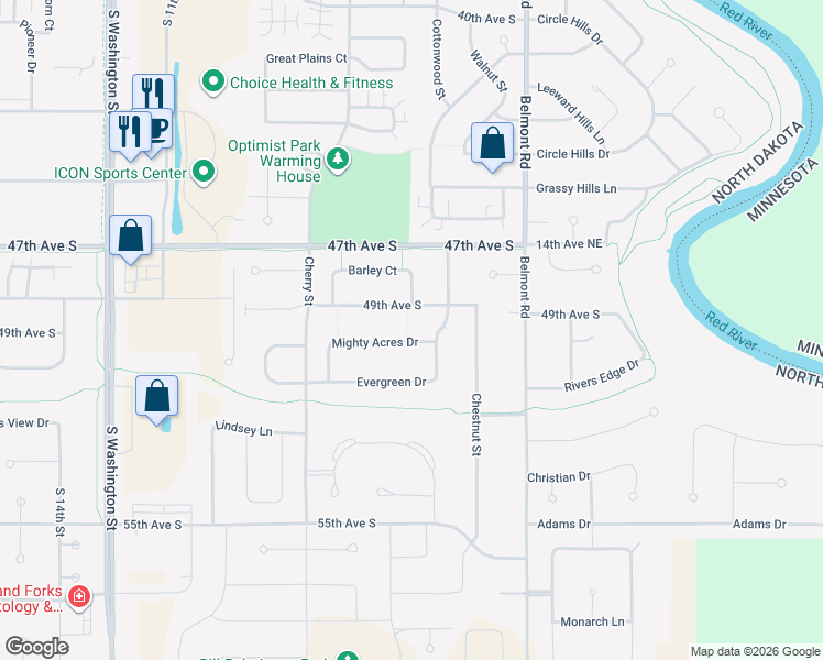 map of restaurants, bars, coffee shops, grocery stores, and more near 592 Mighty Acres Dr in Grand Forks