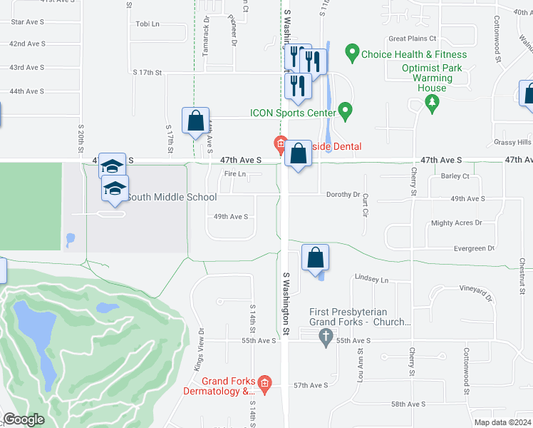 map of restaurants, bars, coffee shops, grocery stores, and more near 5000 Curran Court in Grand Forks
