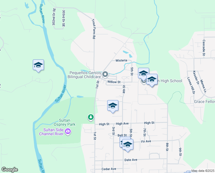 map of restaurants, bars, coffee shops, grocery stores, and more near 920 1st Street in Sultan