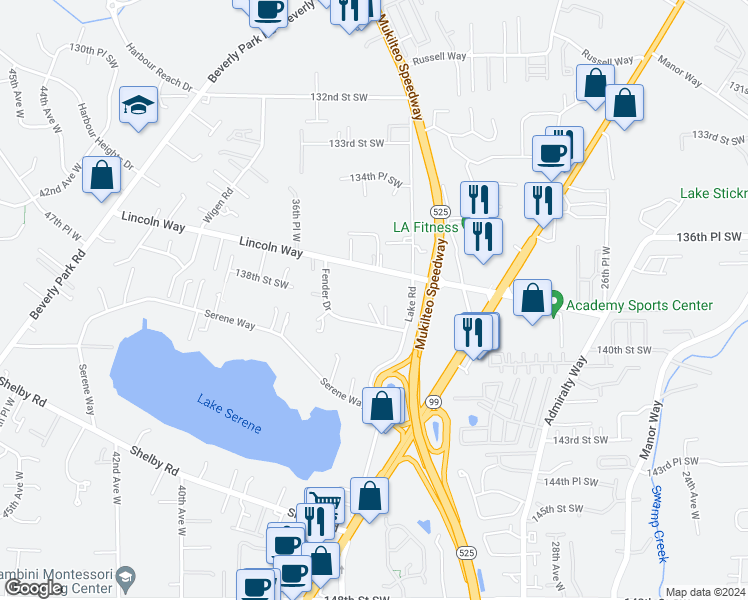 map of restaurants, bars, coffee shops, grocery stores, and more near 3327 Fender Drive in Lynnwood