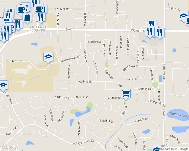 map of restaurants, bars, coffee shops, grocery stores, and more near 13816 26th Avenue Southeast in Mill Creek