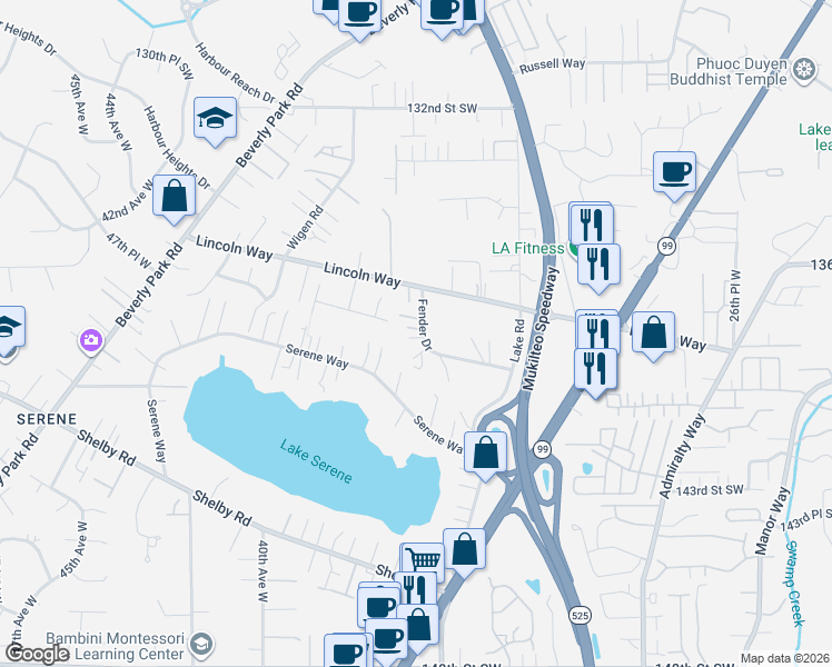 map of restaurants, bars, coffee shops, grocery stores, and more near 13828 Fender Drive in Lynnwood