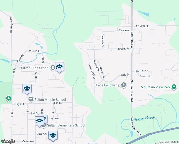 map of restaurants, bars, coffee shops, grocery stores, and more near High Street Trail in Sultan