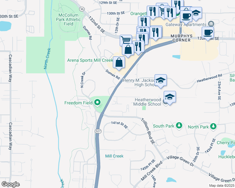 map of restaurants, bars, coffee shops, grocery stores, and more near 1225 138th Street Southeast in Mill Creek