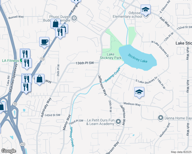 map of restaurants, bars, coffee shops, grocery stores, and more near 13822 Manor Way in Lynnwood