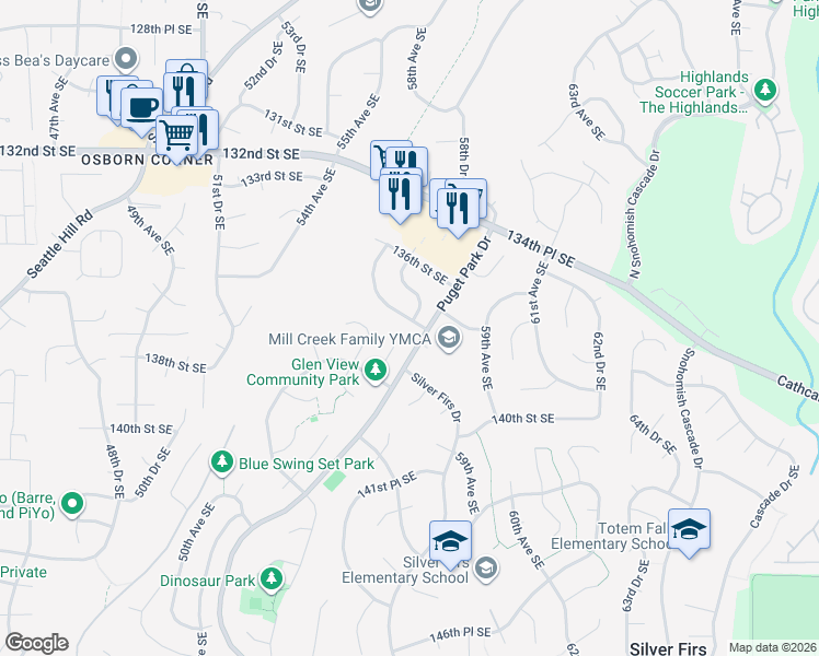 map of restaurants, bars, coffee shops, grocery stores, and more near 5810 137th Place Southeast in Everett