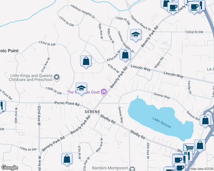 map of restaurants, bars, coffee shops, grocery stores, and more near 4405 138th Place Southwest in Lynnwood