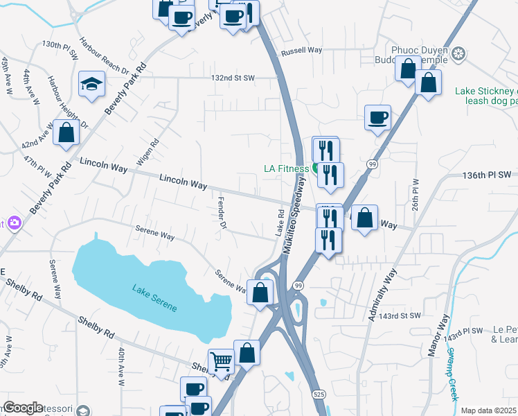 map of restaurants, bars, coffee shops, grocery stores, and more near 3315 Lincoln Way in Lynnwood