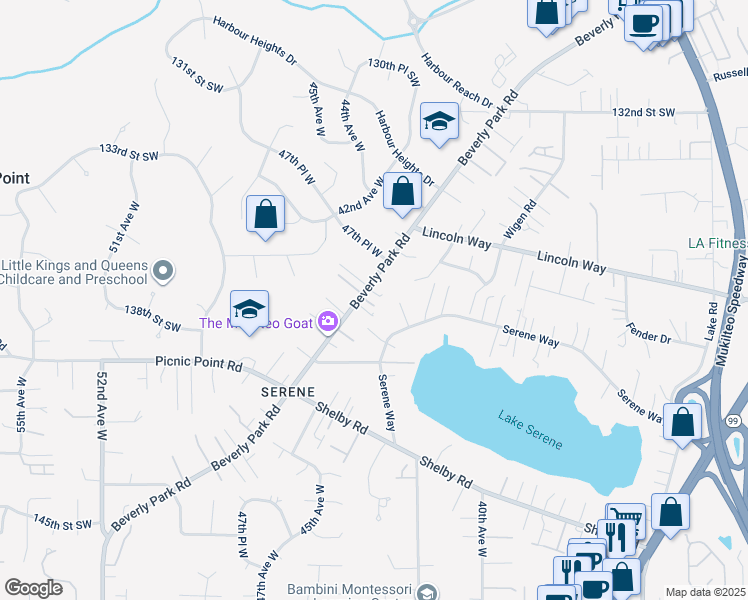 map of restaurants, bars, coffee shops, grocery stores, and more near 13704 Beverly Park Road in Lynnwood