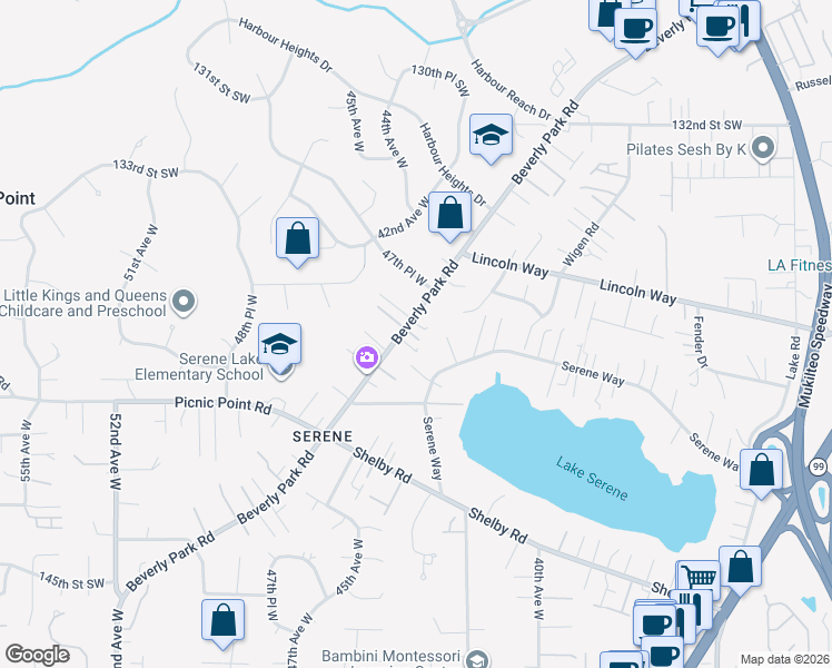 map of restaurants, bars, coffee shops, grocery stores, and more near 13704 Beverly Park Road in Lynnwood