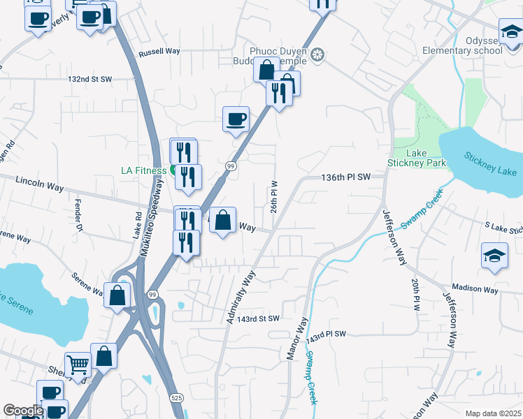 map of restaurants, bars, coffee shops, grocery stores, and more near 2709 Lincoln Way in Lynnwood