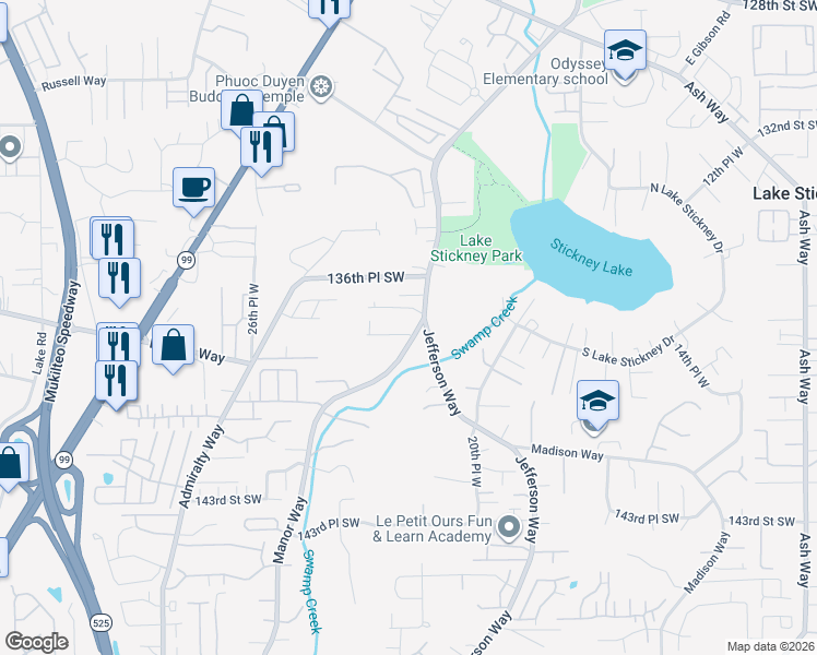map of restaurants, bars, coffee shops, grocery stores, and more near 13704 Manor Way in Lynnwood