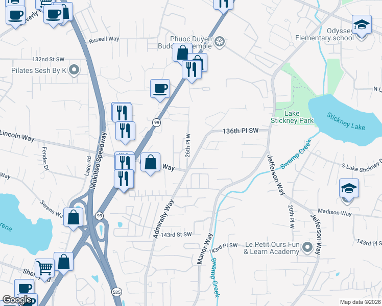 map of restaurants, bars, coffee shops, grocery stores, and more near 13727 26th Place West in Lynnwood