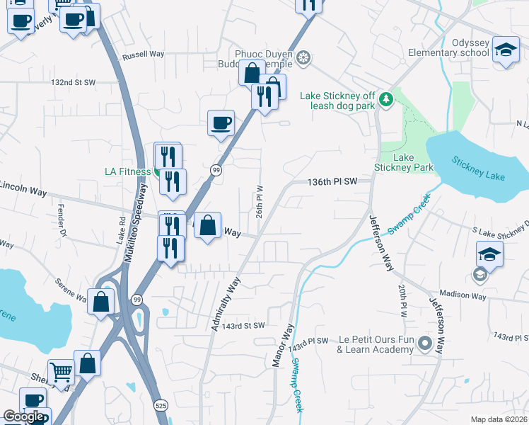 map of restaurants, bars, coffee shops, grocery stores, and more near 13727 26th Place West in Lynnwood