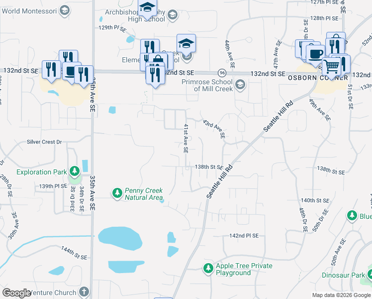 map of restaurants, bars, coffee shops, grocery stores, and more near 13709 41st Avenue Southeast in Mill Creek