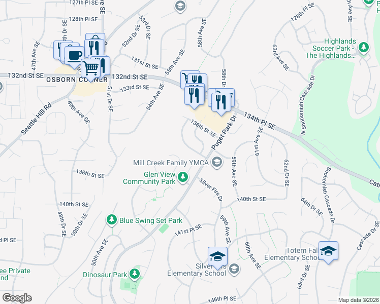 map of restaurants, bars, coffee shops, grocery stores, and more near 5604 137th Place Southeast in Everett