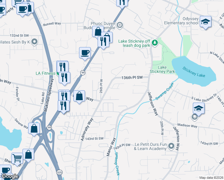 map of restaurants, bars, coffee shops, grocery stores, and more near 13717 Admiralty Way in Lynnwood