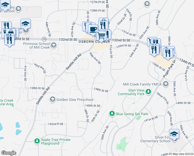 map of restaurants, bars, coffee shops, grocery stores, and more near 4916 136th Street Southeast in Snohomish