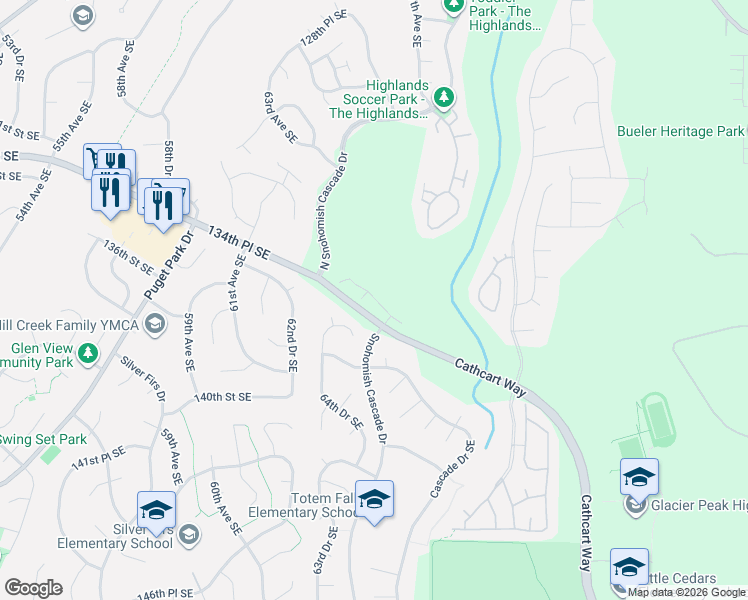 map of restaurants, bars, coffee shops, grocery stores, and more near 6515 134th Place Southeast in Snohomish