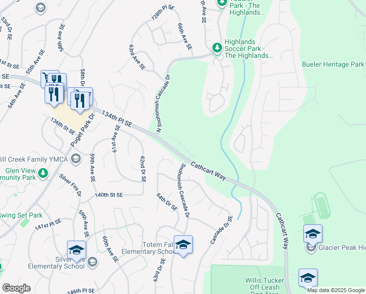 map of restaurants, bars, coffee shops, grocery stores, and more near 6515 134th Place Southeast in Snohomish