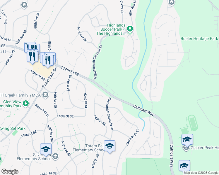 map of restaurants, bars, coffee shops, grocery stores, and more near 6515 134th Place Southeast in Snohomish