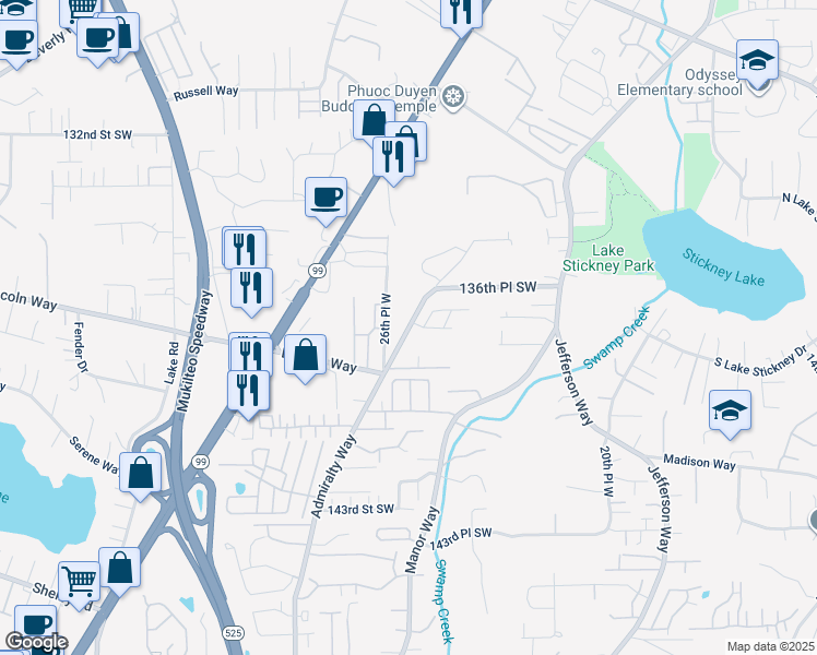 map of restaurants, bars, coffee shops, grocery stores, and more near 13629 Admiralty Way in Lynnwood