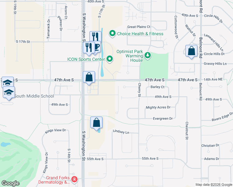 map of restaurants, bars, coffee shops, grocery stores, and more near 4766 Curt Circle in Grand Forks